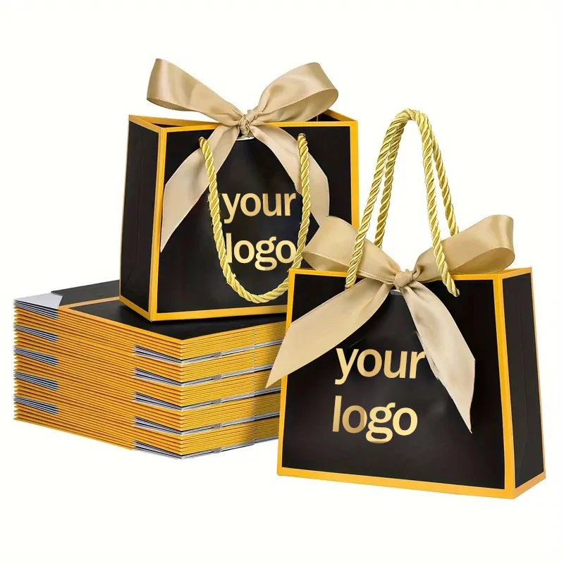 Custom Recyclable Kraft Paper Gift Shopping Black Bag With Rope Handle Your Logo Shoes Clothing Packaging Bag