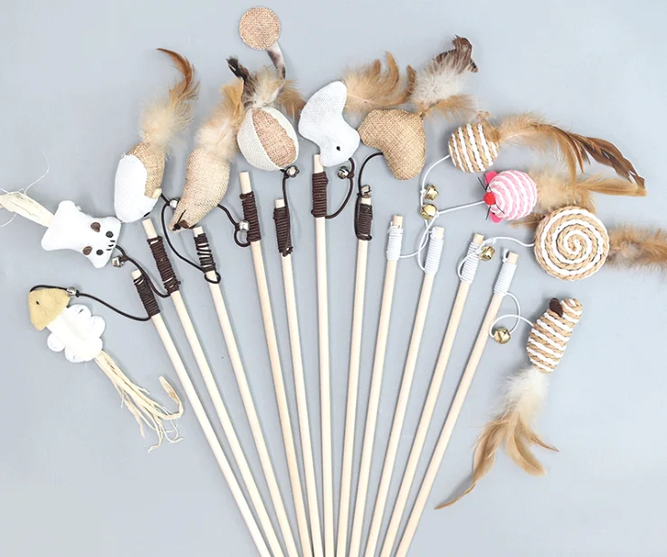 Cat toys wooden pole funny cat stick interactive self-hey feather linen mouse beneficial cat toy spot wholesale