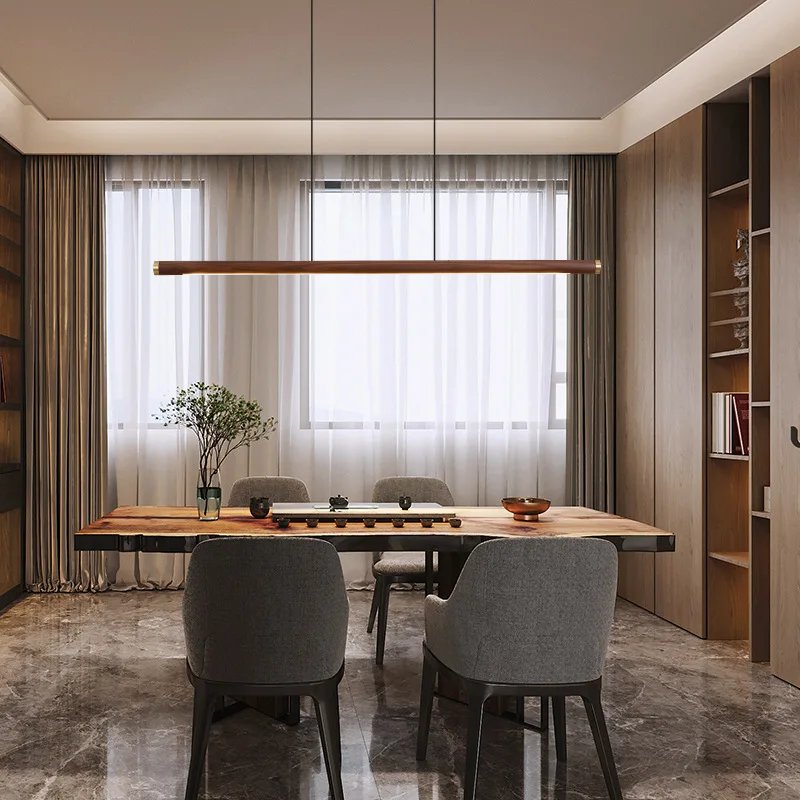 New Chinese Restaurant Chandelier Modern Minimalist Walnut All Copper Tea Room Long Lamps Minimalist Light Luxury Bar Chandelier