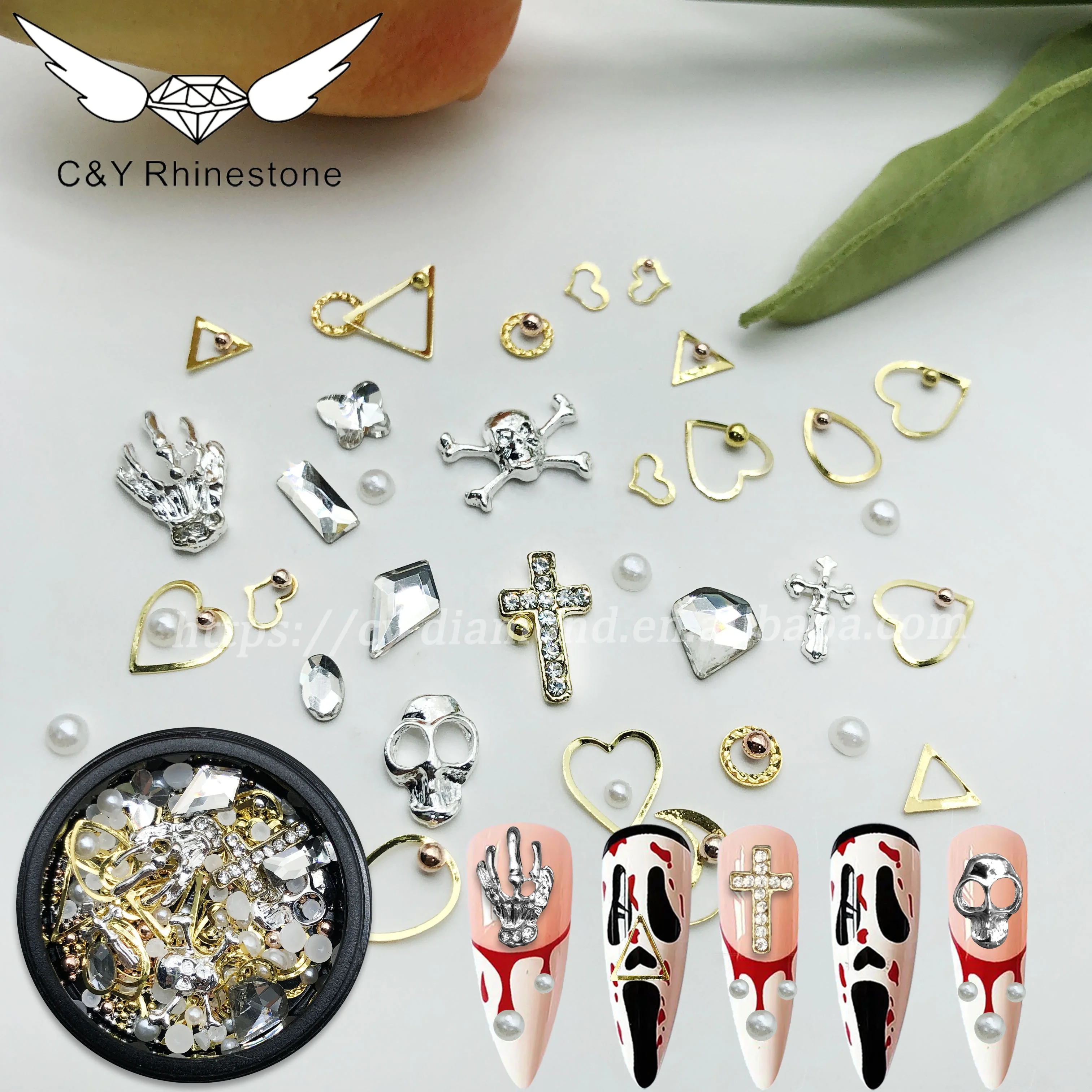 CY Halloween 3D Sliver Gold Metal Nail Design Accessories Skull Hand Nail Art Rhinestone
