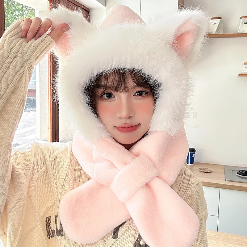 Fuzzy Animal Ear Hat Scarf Set IN Multiple Colors Winter Hoodie Hat Scarf Gloves Set
