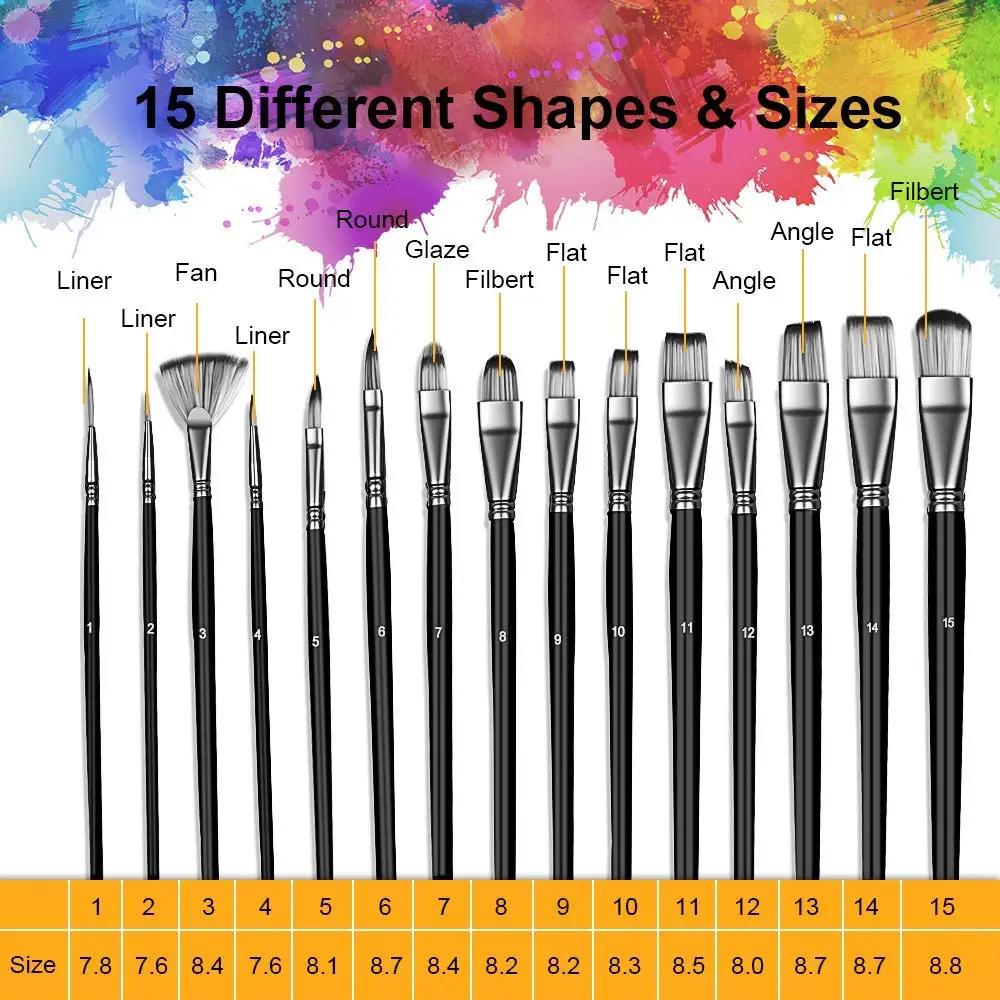 Meihui Art 15pcs Watercolor Brushes Acrylic Paint Brushes Set Short Paintbrushes with Carrying Case