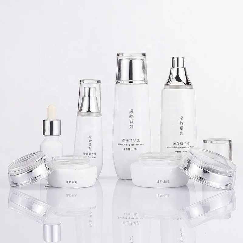 Minimalism Custom Bottle Cream Jar Glass Packaging Cosmetic Bottles Set Skincare Packing Lotion Spray Bottle White PUMP Sprayer