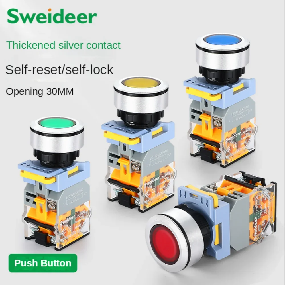 10a Flat Waterproof momentary Self Reset Locking 30mm 380V Push button switches  with light industrial 1NO1NC  2NO 2NO2NC