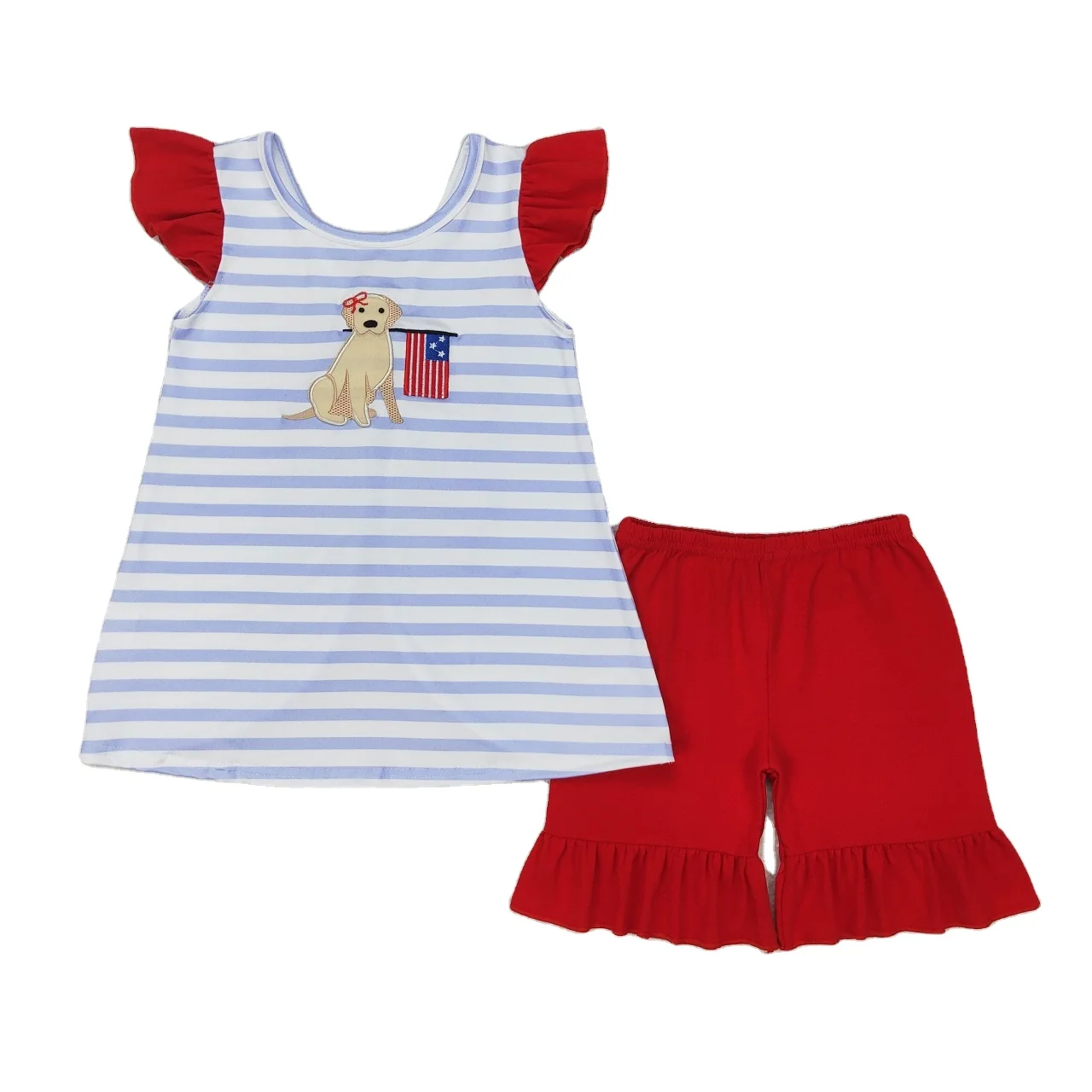 Wholesale boutique summer setToddler girls July 4th USA flag dog Embroidery Outfits Baby Short Sleeves red Shorts Kids Clothing