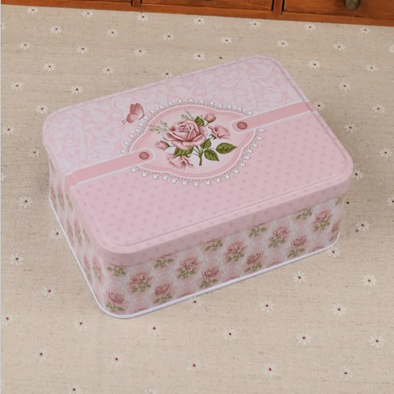 Manufacturers wholesale tinplate box rectangular tin foreign trade pink rose rectangle handmade cookies box