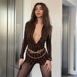 Spring 2022 Wholesale Printing Jumpsuit Turn Down Collar Rompers Long Sleeve Women Jumpsuit Latest Design Combinaison Femme