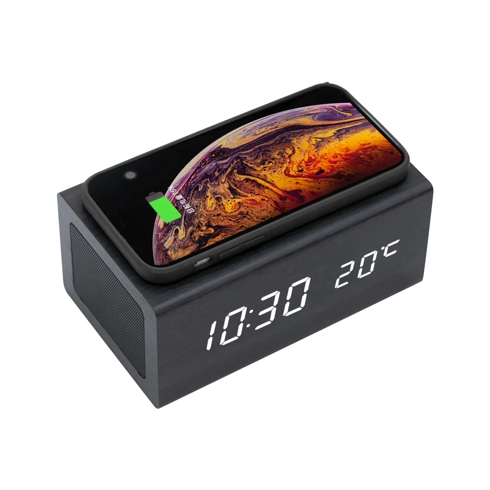 Wireless Phone Charger Wood LED Time Alarm Clock with Speaker
