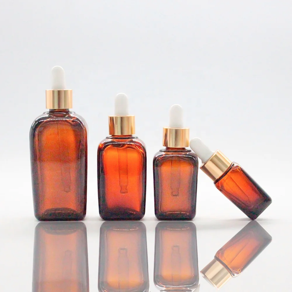 FENGJUN customizable amber square essential oil bottle glass cosmetic bottles with rubber top gold collar dropper for cosmetic