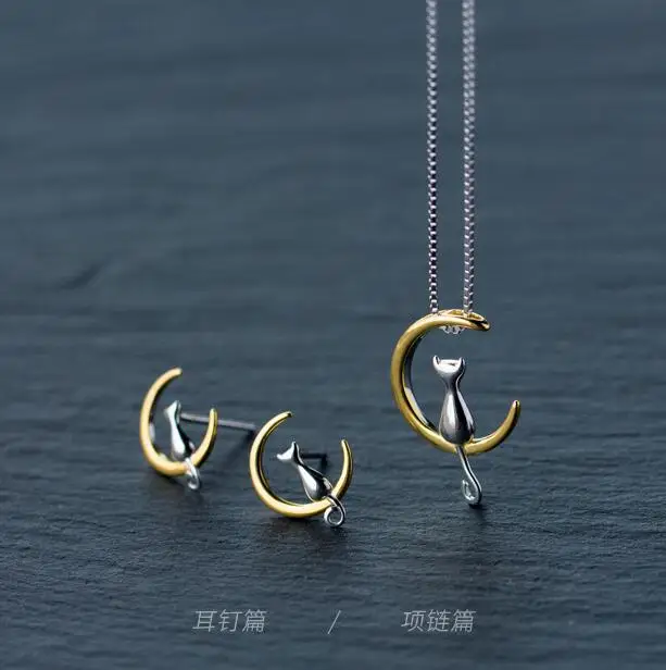 Animal Jewelry 925 Silver Necklace Cat and Moon Pendant Necklace for girls