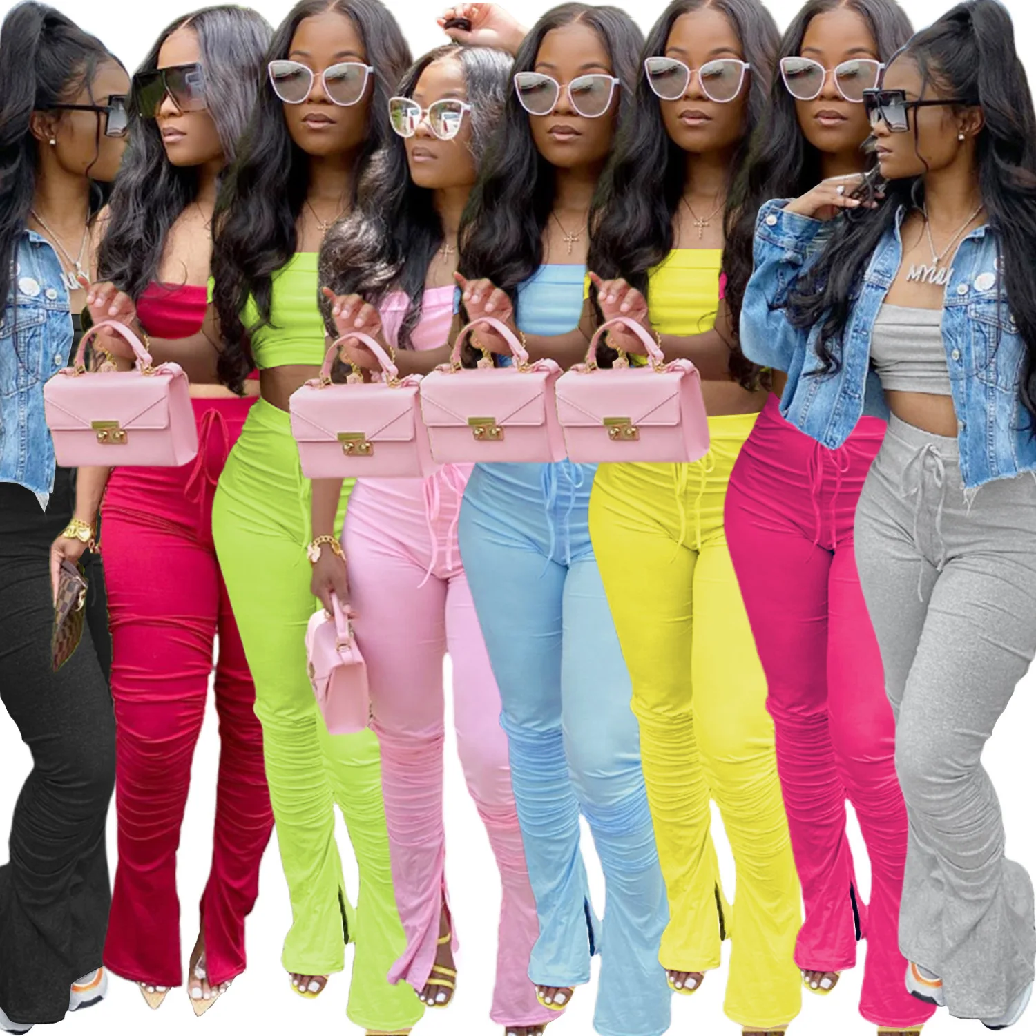 Женский летний комплект из двух предметов, однотонный топ с открытыми плечами и штаны с разрезом, 2021