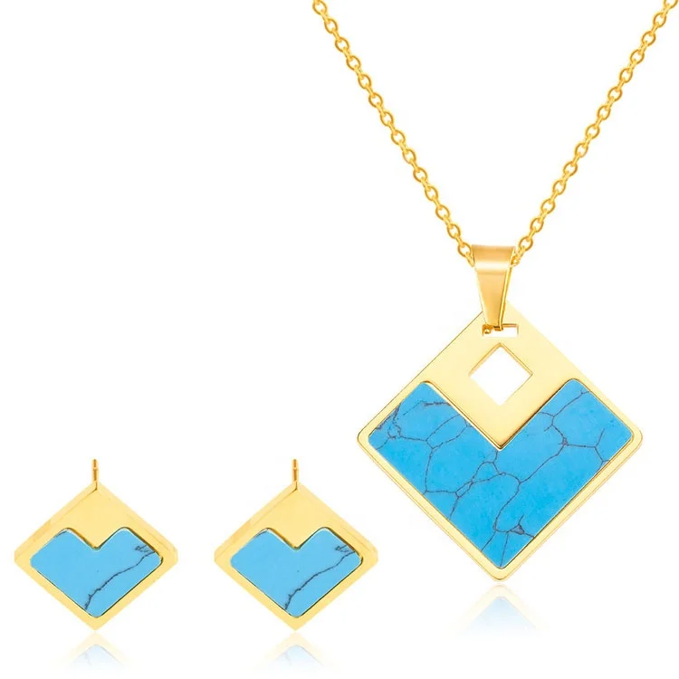 Wholesale Stainless Steel Jewelry Set Turquoise Charm Gold Plated Geometric Earrings And Necklaces