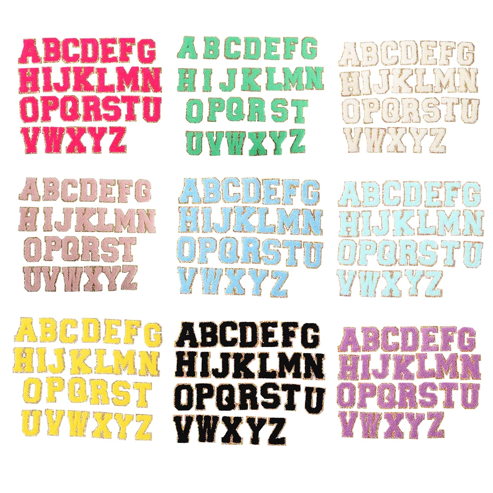 Stock 11colors Wholesale A-Z Towel English Alphabet Personalized Golden Sequins Chenille Letters Patches Makeup Cosmetic Bag