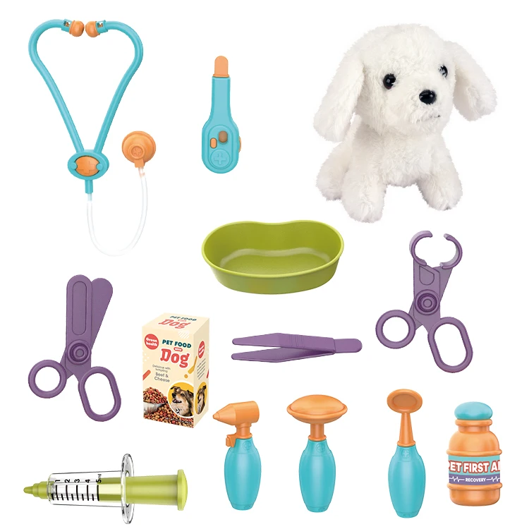 Children Vet Kits with Toy Dog Bag Pretend Play Veterinarian Pet Care Medical Doctor Toy Play Set for Kids Girls