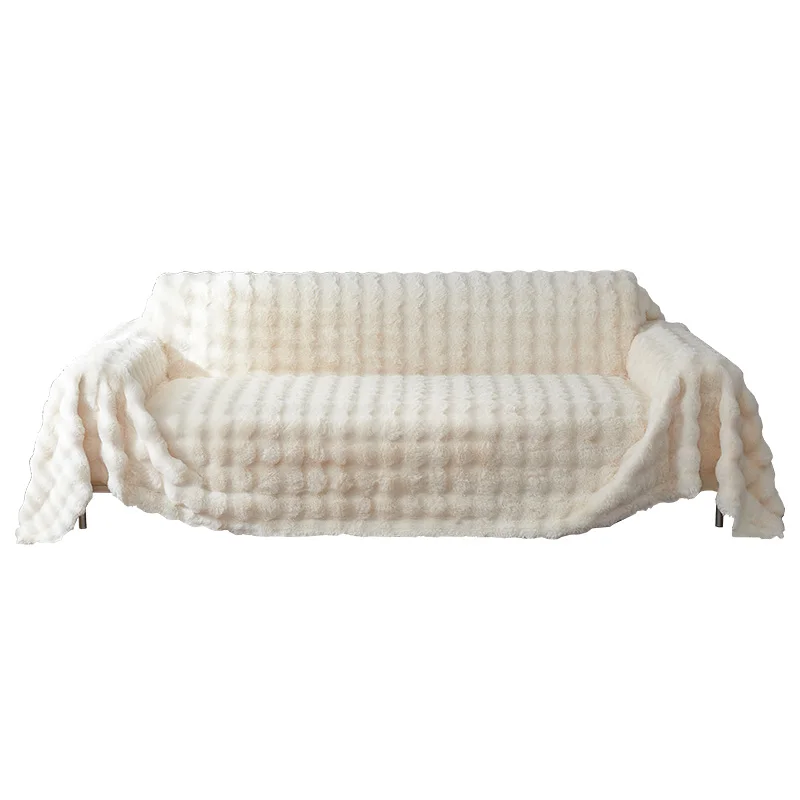 Customizable stretch full protection solid color rabbit fur sofa cover, artificial fur waterproof slide cover