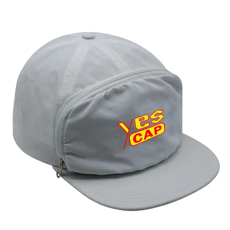 Custom 5 panel Cap Flat Bill Unstructured Snapback Hat With Zipper