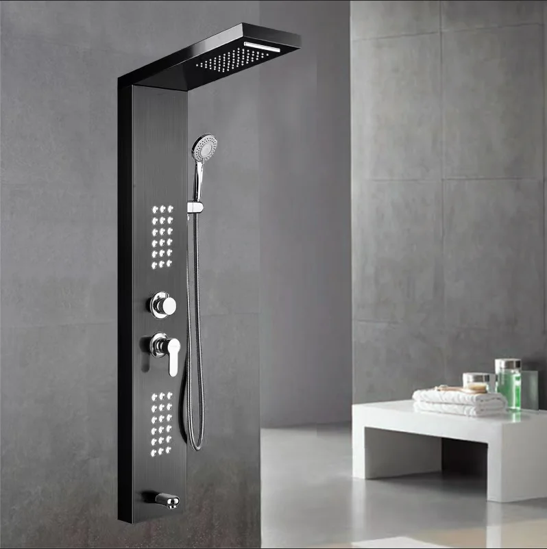 Shower Panel Bathroom Wall Mounted Stainless Steel Waterfall Black Shower Column Set Tower Massage Body Jets Led Shower Panels