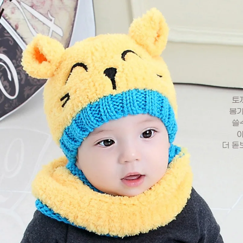 Корейские Мультяшные трендовые детские теплые шапки, шапки с котом, детские шерстяные шарфы, шапки, набор из двух предметов, Детские осенне-зимние шапки с ушками