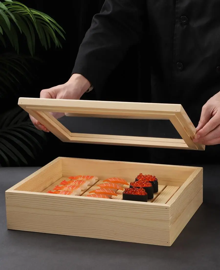 Wooden Food  Box Japanese Sashimi  Fresh-keeping  Wood Box Extra Large Food Store To Go Sushi Box Rectangular with lid