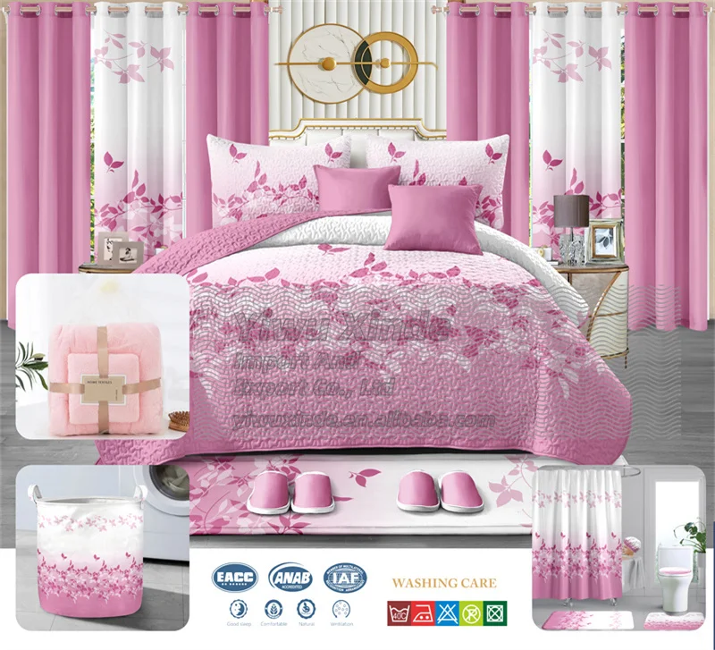Ready to Ship King size 24 pieces bedding  with curtains set bedspread set 24 pcs bed sheet with Bathroom Set