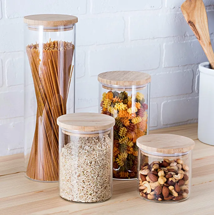 Wholesale Clear High Borosilicate Glass Container 250ml 500ml 750ml 1L Glass Storage Jars With Bamboo Lids Glass Bottles