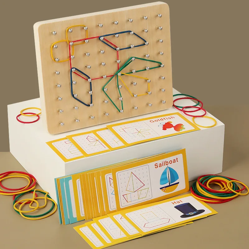 Early Education Math Puzzle Geometric Figure Teaching Aids Educational Pattern Cards Graphic Creative Toy Wooden Nails Board