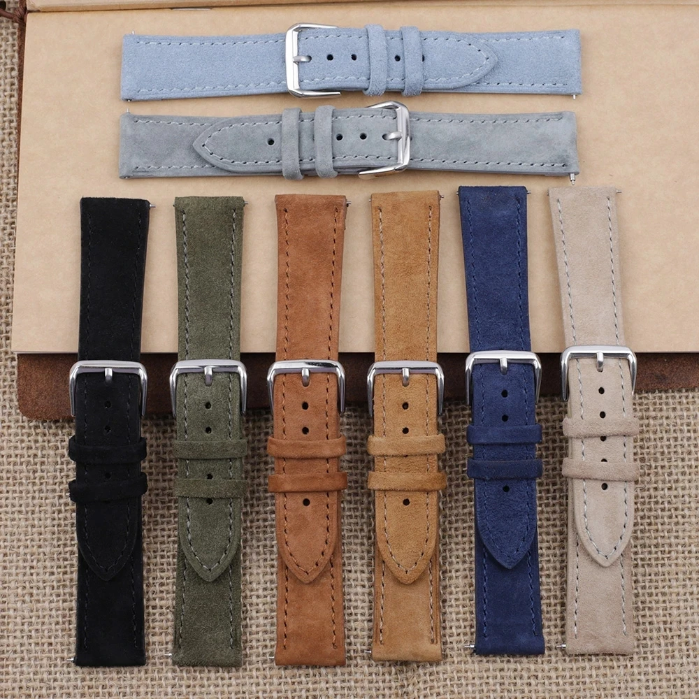 16mm 18mm 19mm 20mm 22mm 24mm Soft Suede Leather Watch Band Blue Watch Straps Stainless Steel Buckle Watch Accessories