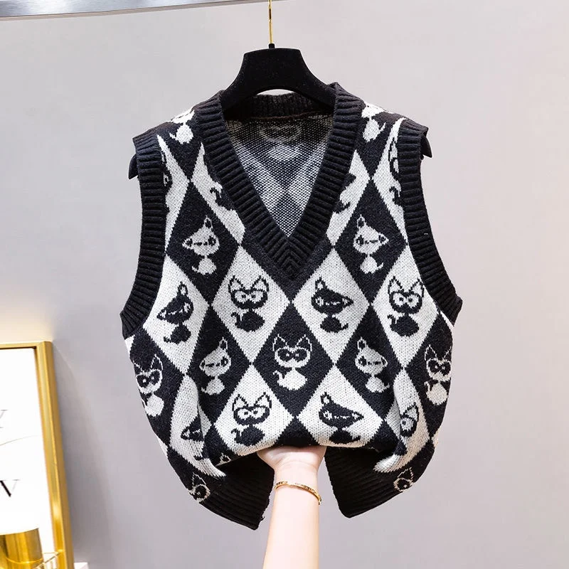 Japanese Womens Sleeveless Knit Sweater Vest Preppy Clothes Y2k Cat Pattern Knitwear Korean Girls Crop Tops School Uniform
