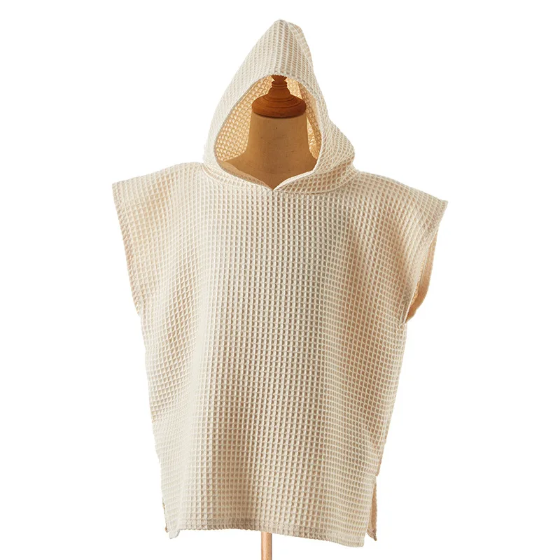 Big Hood Outdoor Change Robe Four Seasons Baby Bath Wearable Towel 100% Waffle Cotton Kids Soft Short Sleeve Beach Poncho Towel