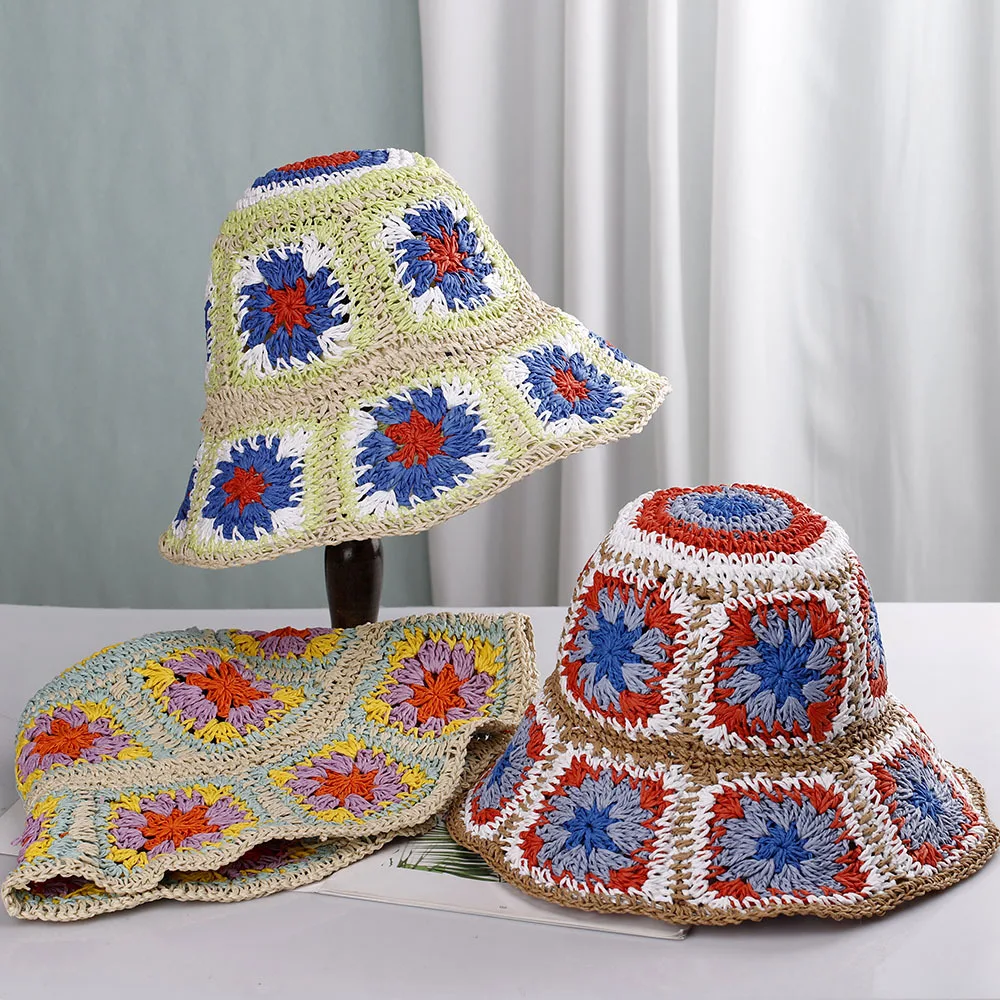 Bohemian Style Womens Straw Hats Weave Hollow Flower Bucket Hat UV Protection Sunhat Visors Ladies Summer Beach Hat Cap