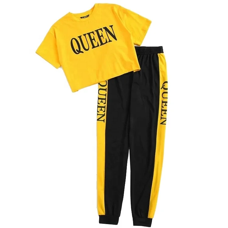 Manufacturer Custom Jogging Sets Patchwork Teen Girls Crop Top & Pants Set Letter Graphic Color Block Printing for Women Adults