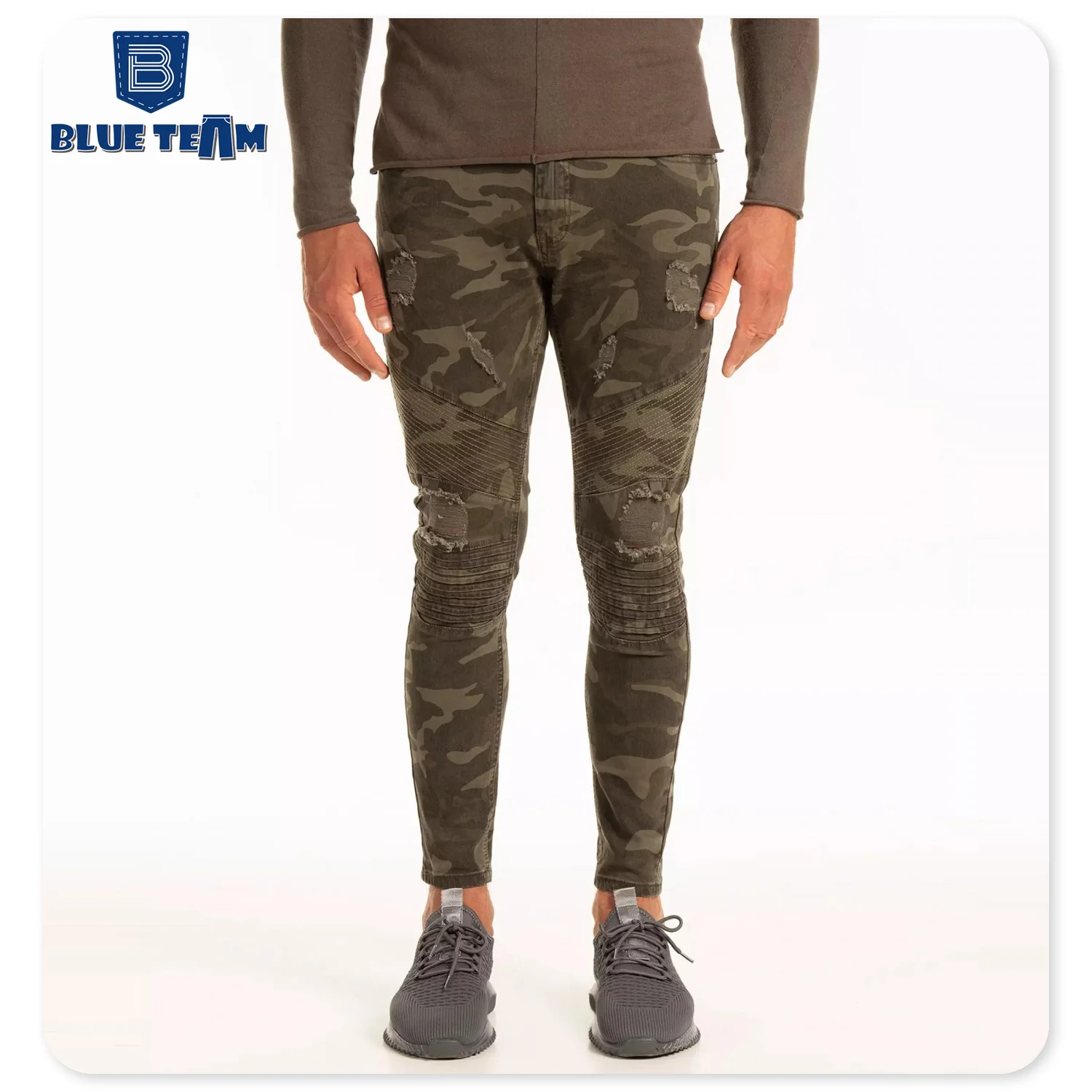 Blue Team | Custom mens camo pants slim fit biker jeans camo hip hop skinny camouflage pants cargo pants for men