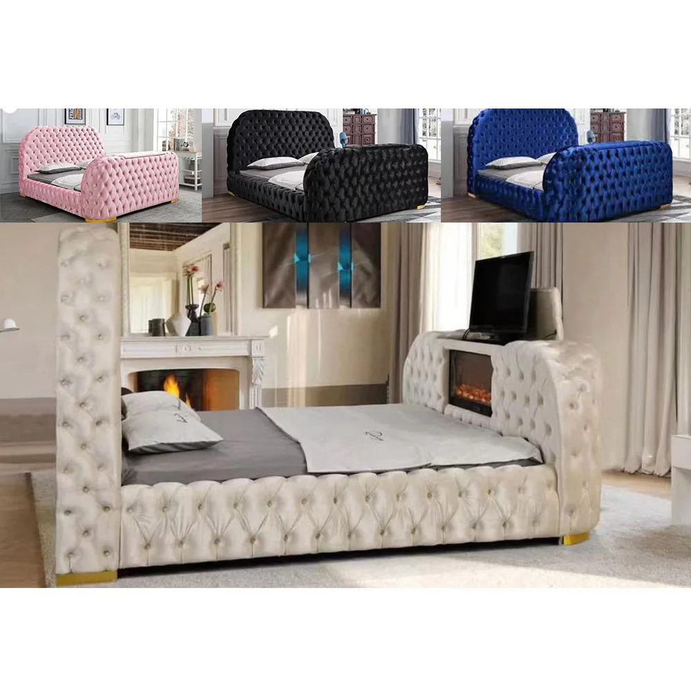 Modern Luxury Bedroom Furniture Set Super King Bed With TV Motorized Under Bed TV Lift  Queen Size TV Bed With Fireplace