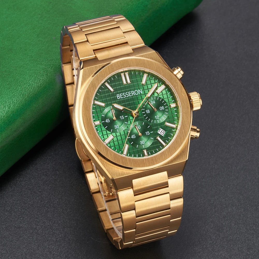 BESSERON Factory OEM Custom Logo Stainless Steel Chronograph Wrist Watch Men Wrist Luxury Private Label Quartz Watches For Men