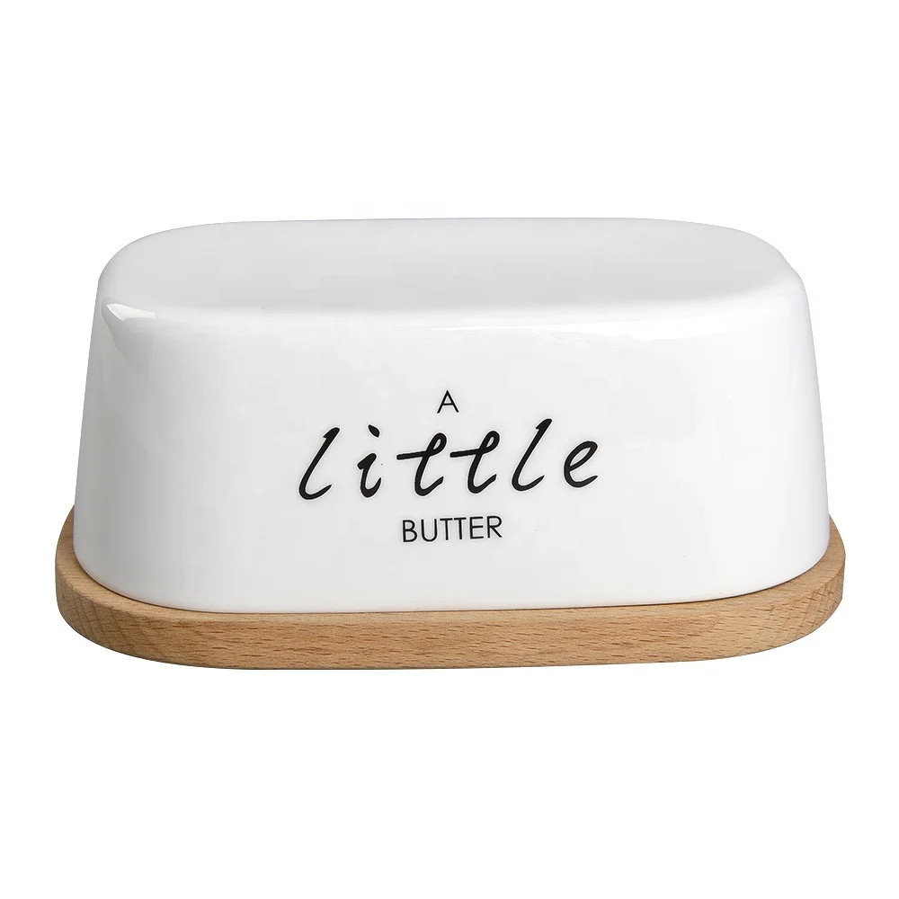 Белая керамическая тарелка для масла и сыра с бамбуковой крышкой