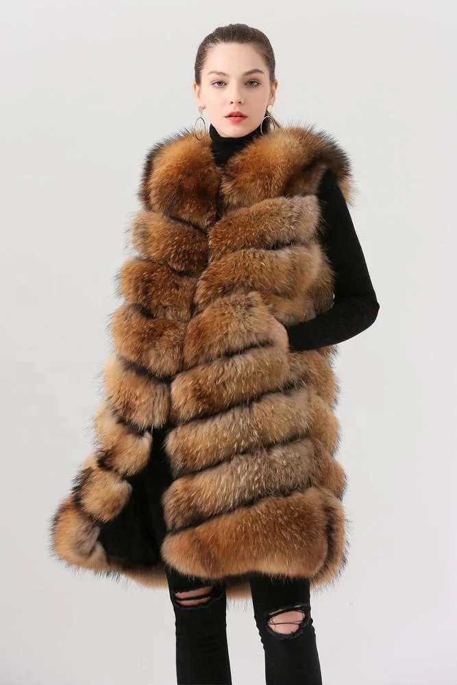 QIUCHEN- QC19082 New arrival hot sale long model natural real raccoon fur vest gilet women girls high quality