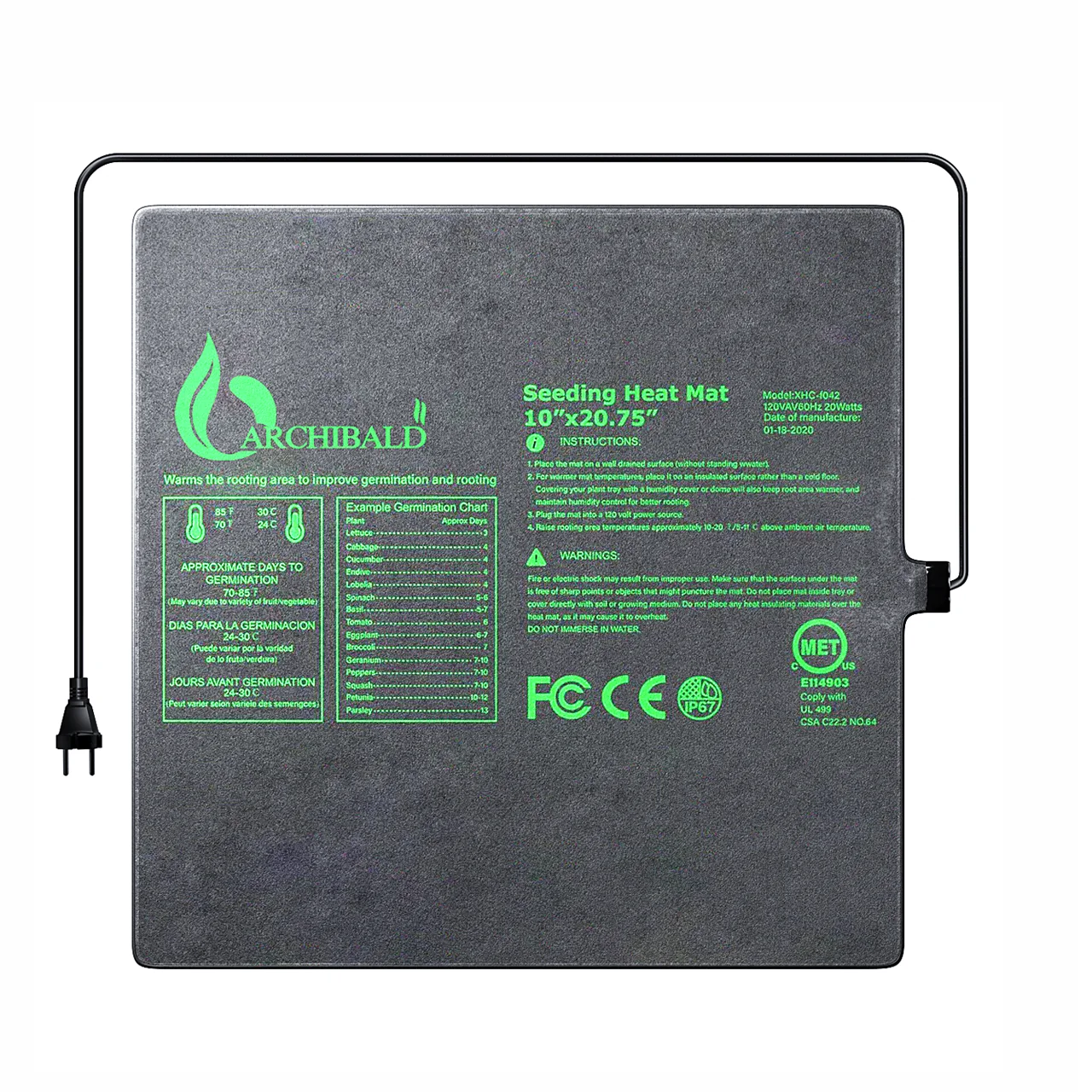 48in*20in Premium Durable Waterproof Flexible Thin Greenhouse Battery Electric Seed Heat Mat For Plants