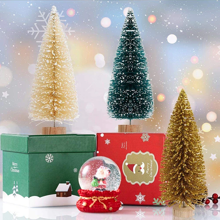 Handmade Winter Snow Ornaments Green Ivory Gold Mini Bottle Brush Christmas Tree Set