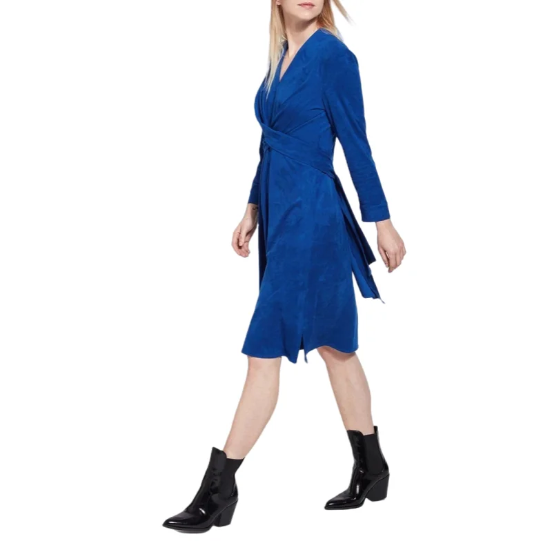 OEM Supplier Women Formal Work Wear Knee Length V-neck Suede Dress Hot Sale
