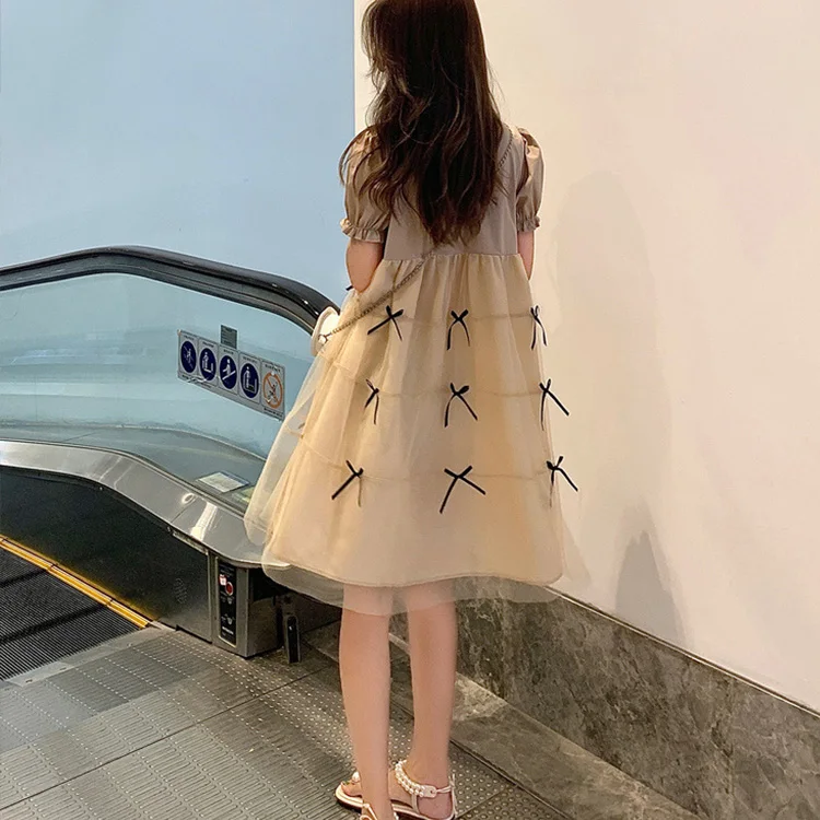 RTS maternity clothing summer print mesh bow puffed sleeve pregnant women dress