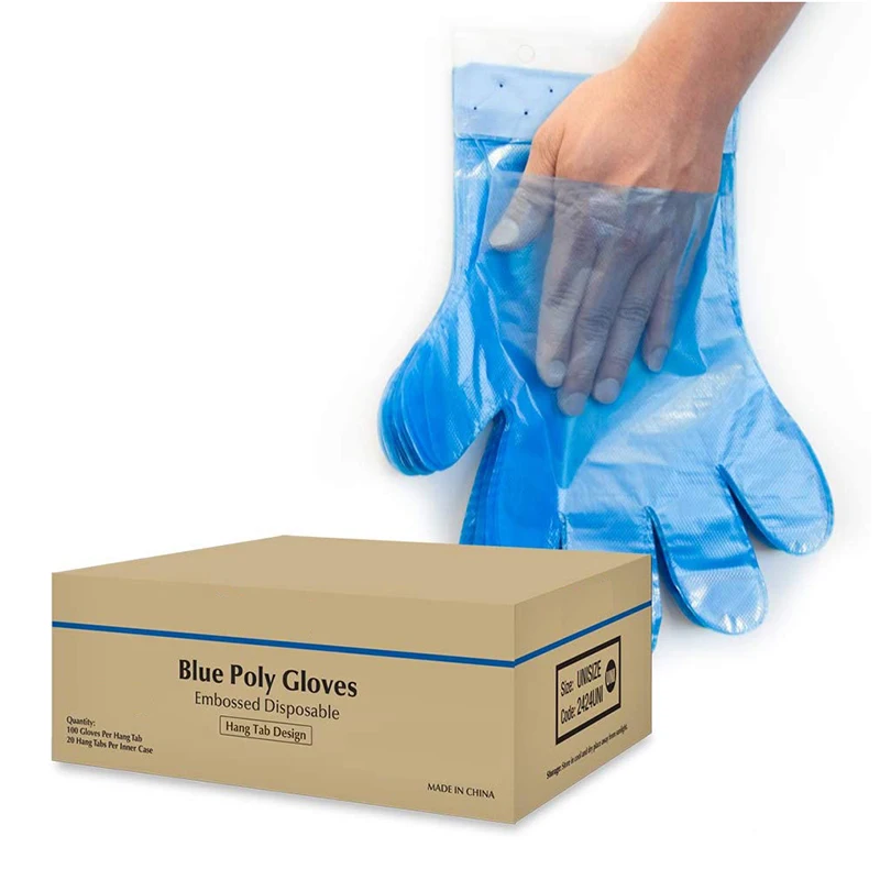 2000 Pack Blue Poly Disposable PE Gloves with Hang Tabs Unisize Food Prep Plastic Glove Wall Hanging Poly Gloves