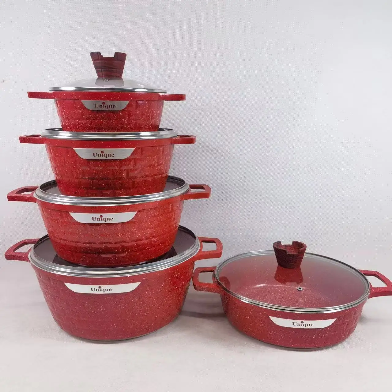 Household Kitchen Supplies Marble Deep Pot Non-Stick Coating Aluminium Casserole With Lids 12 PC Cookware Sets