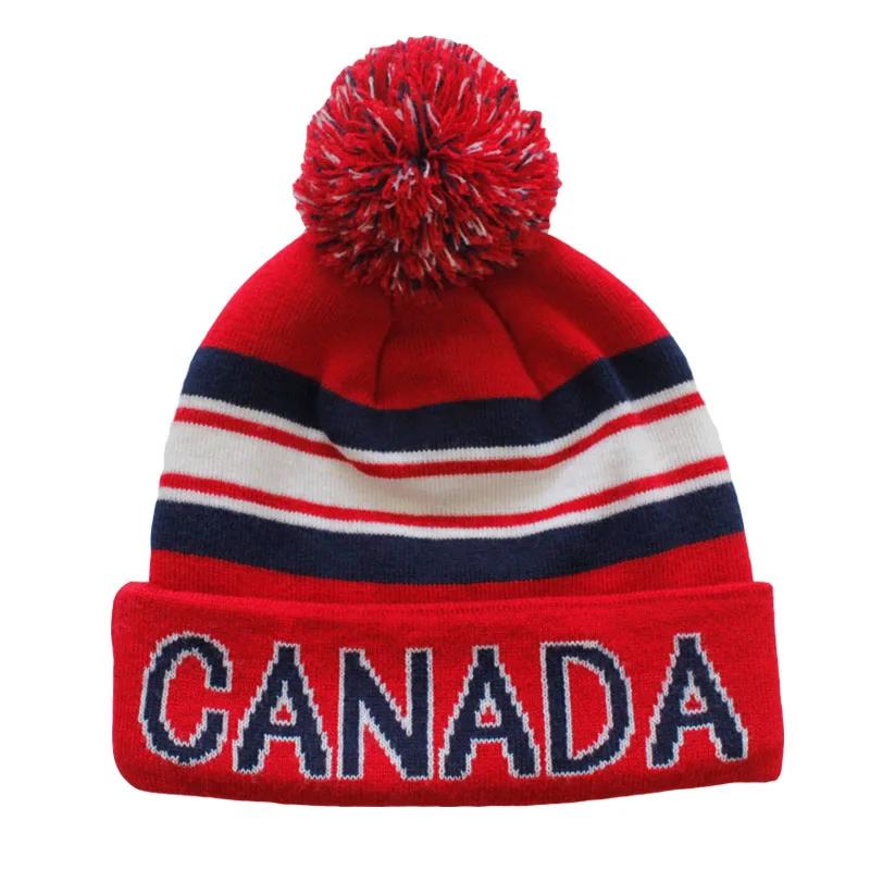 Canada Winter Custom Striped Knit Cuff Beanie Hats with Pom Pom