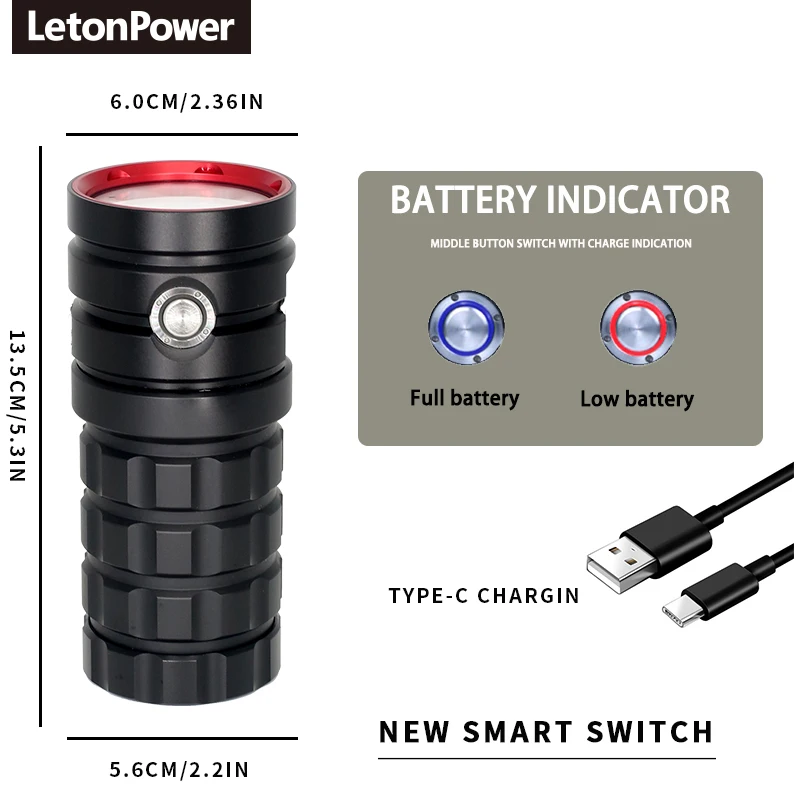 13000 lumens Scuba Diving Torch 120M diving depth Led Flashlight Portable Powerful Type-C  Charging  diving flashlight