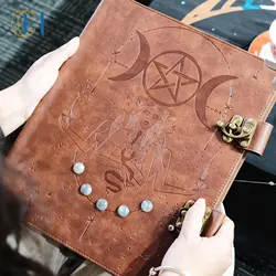 Leather notebook Handmade Brown Third Eye Stone Celtic Triple Moon Embossed Gemstones Vintage Daily Notepad Sketchbook Journal