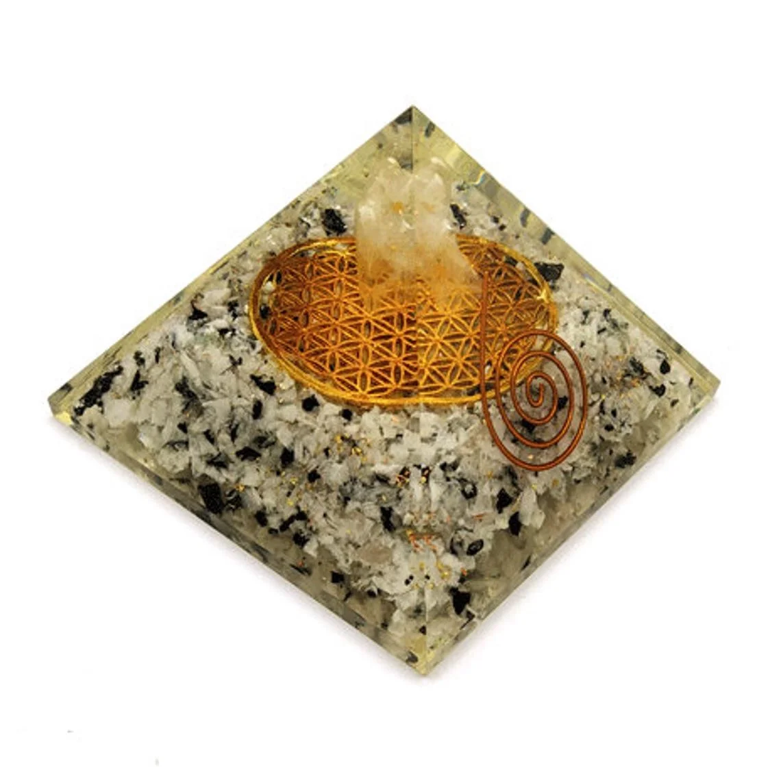 Orgone pyramid with rainbow moonstone and clear quartz angel natura mineral gemstones healing crystal energy pyramid