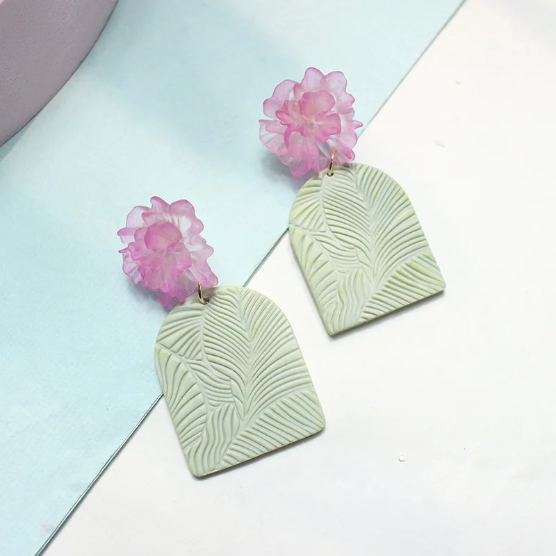 2023 Newest Polymere Clay Leaf Earrings Handmade Flower Garden Large Dangle Earrings Korea Sculpey Polymer Clay For Earrings