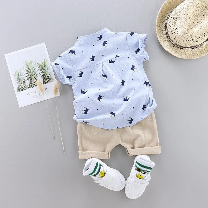 2023 Summer Child Boys Clothes Suits Short Sleeve Single Breasted Crown Print Shirt Pant 2 Pieces Children Clothing Boy