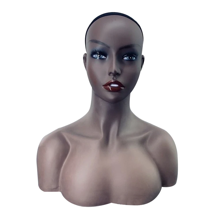 Women Pvc Material Double Shoulder Bald Black Mannequin Head With Shoulders For Wigs