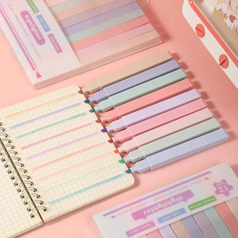Square Barrel Light Color Pastel Long Lasting Dual Flat Tip Oblique Highlighter Marker Pen For Kids